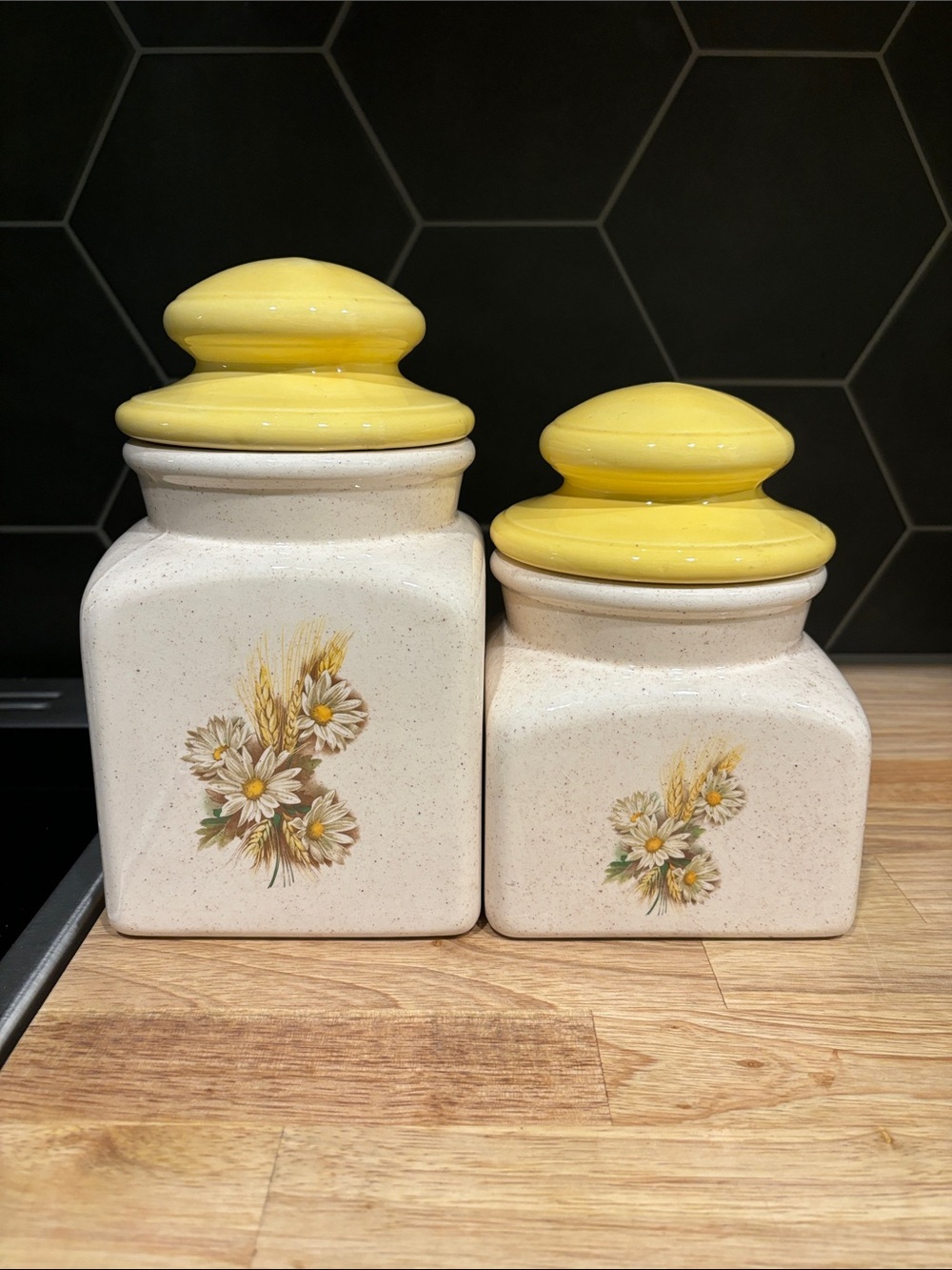 Vintage Floral Ceramic Canister Set with Yellow Lids, cookie jars